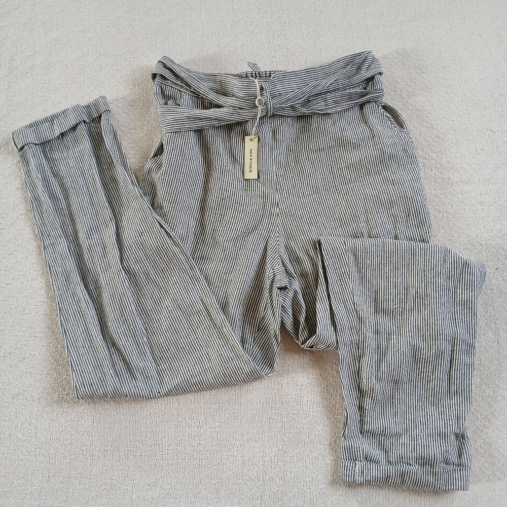 max studio ♡ linen belted pants striped beach coastal vibes